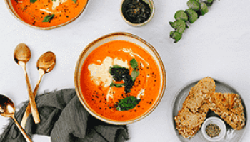 Roasted Vine Tomato and Red Pepper Soup with Mozzarella and Basil Pesto